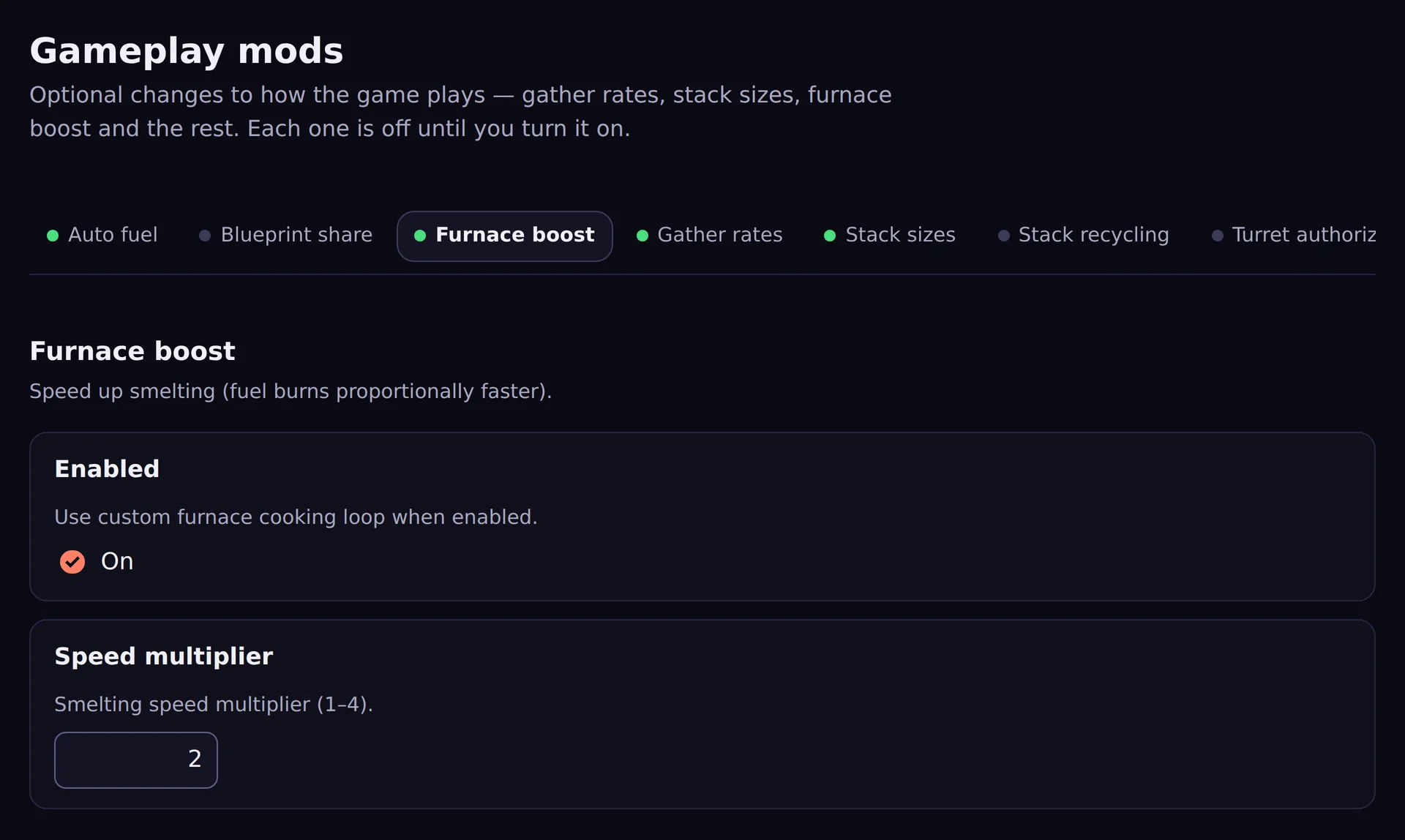 The Gameplay mods page: each mod listed with its own on/off state.