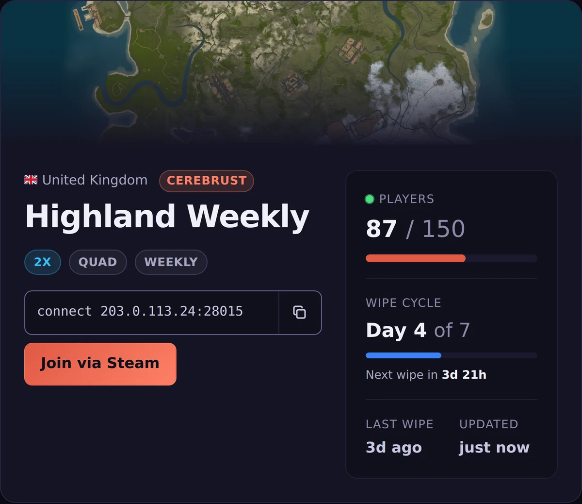 A server's public page: its name, players online, the next wipe and how to connect.